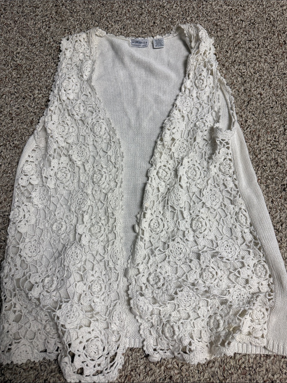 Vintage 90s Sostanza Crochet Cardigan, open front.